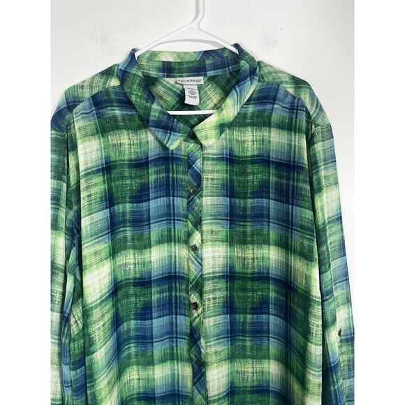 Catherines Featherweight Plaid Tunic Duster Button Front Blue Green Size 3X - Picture 7 of 11